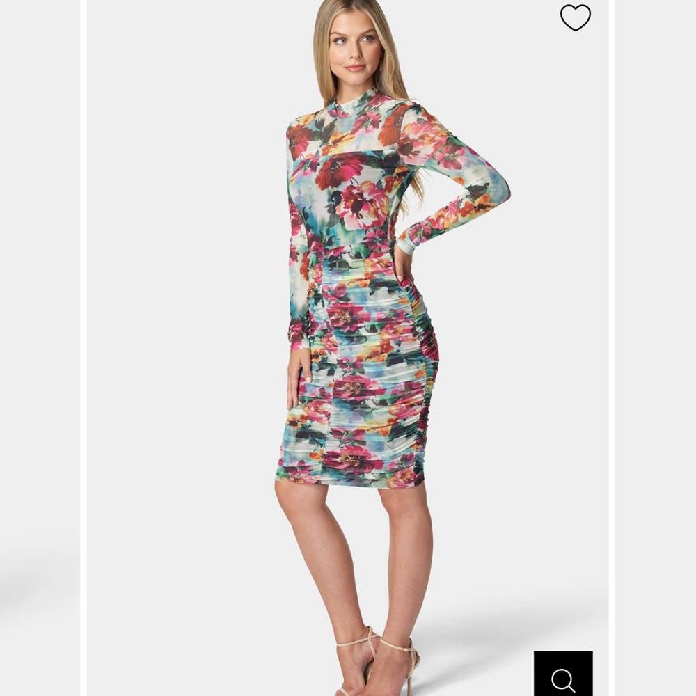 NWT Bebe Women’s Printed Ruched Midi Dress Floral Bodycon Long Sleeve
